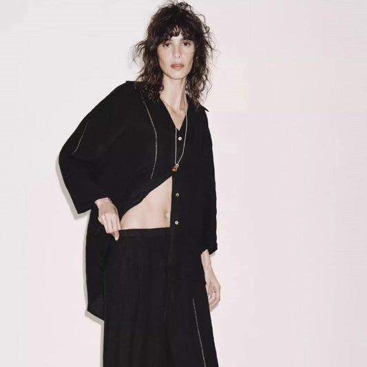 חליפת נשים 2 חלקים כותנה פשתן חולצה ארוכה ומכנסיים