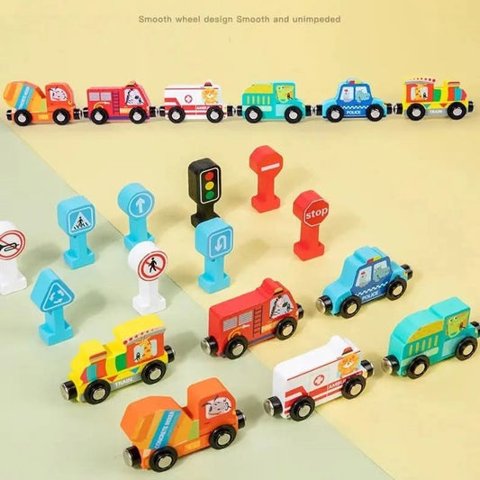 סט כלי תחבורה מעץ עם מגנטים ותמרורים – Choice Toys 2025