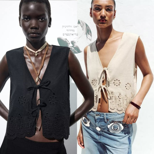 ווסט פשתן רקום לנשים בעיצוב חלול אופנתי