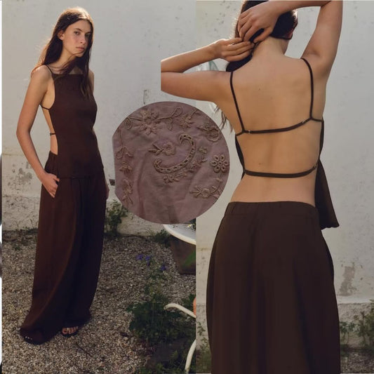 סט נשים שתי חלקים טופ רקום עם כתפיות פתוח בגב ומכנסיים