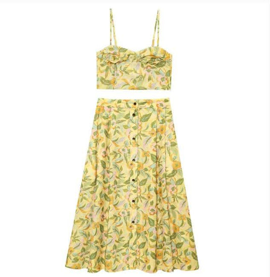 סט נשים 2 חלקים חצאית וגופיה פשתן מודפס אופנתי