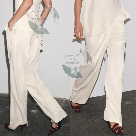 מכנסי נשים רחבים עם מותן אלסטית ושרוך