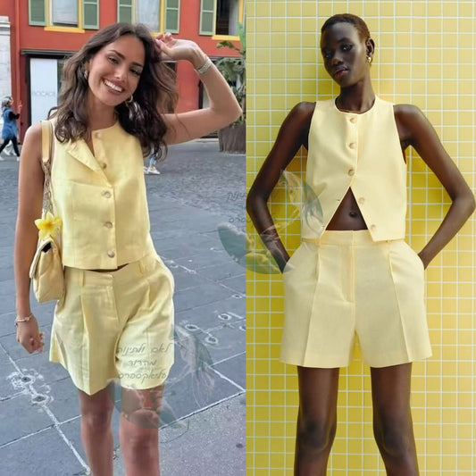 סט וסט ומכנסיים קצרים לנשים בצבע צהוב לימון מבד פשתן – קולקציית קיץ 2025