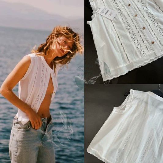 גופיית תחרה נשים ללא שרוולים עם כפתורים