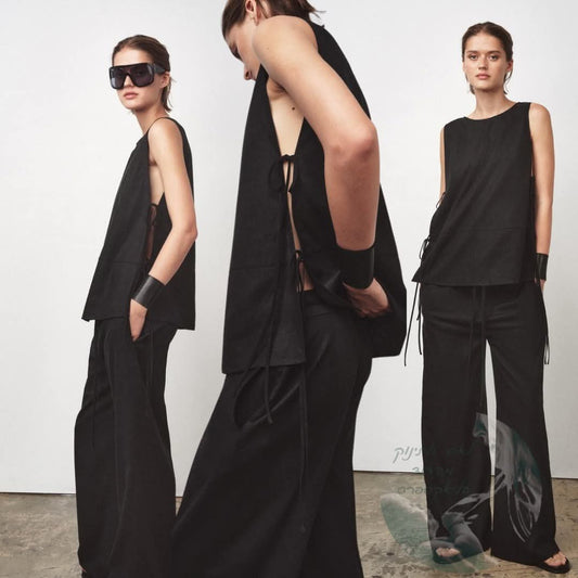 גופיית קשירה ללא שרוולים מבד פשתן עם פפיון לנשים