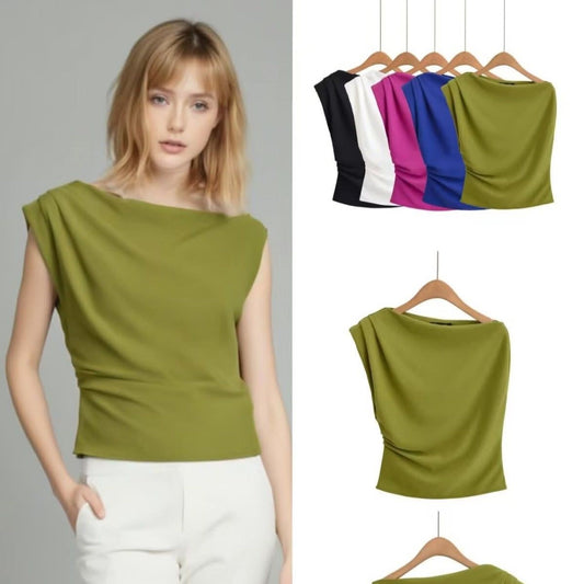 גופיית סריג אסימטרית עם קפלים לנשים - צבעים מגוונים