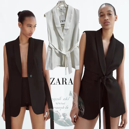 וסט מעטפת לנשים עם חגורה – שחור/לבן | קולקציית ZA 2025