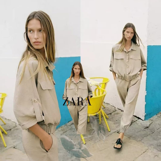 סט נשים 2 חלקים חולצה מכופתרת לוס ומכנסיים ZA