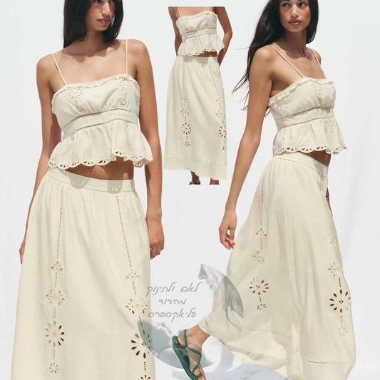 חולצת סטרפלס עם כתפיות נודלס ורקמה פרחונית + חצאית מתרחבת לנשים