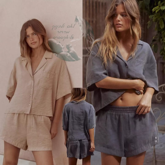 סט חולצת וי קצרה עם כפתורים ומכנסיים קצרים לנשים