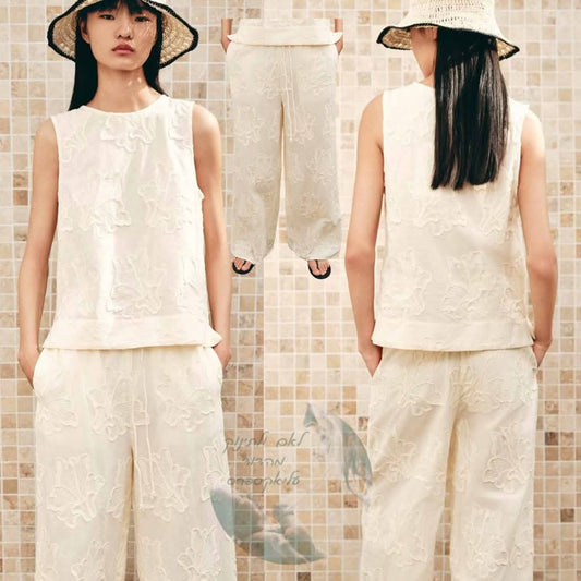 סט פשתן רקום לנשים עם גופיית צוואר עגול ומכנסיים ZA 2025