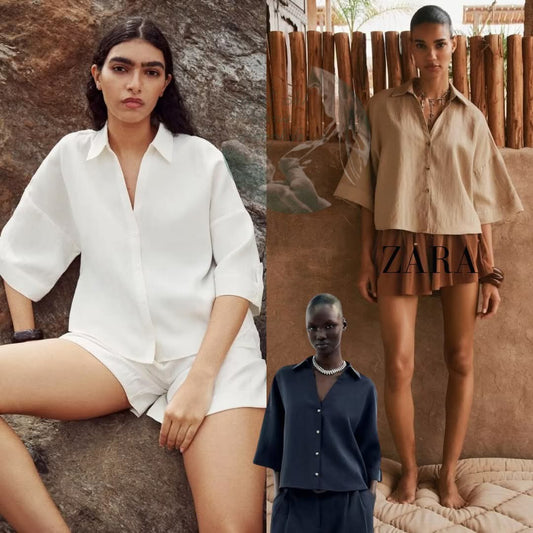 חולצת נשים מכופתרת קז'ואל עם שרוולים קצרים ולפל