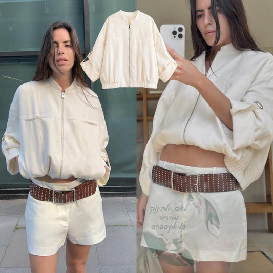 ג'קט בז' נשי רופף עם רוכסן ושרוולים מגולגלים