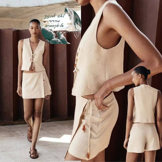 סט ווסט ללא שרוולים וחצאית קצרה מבד פשתן