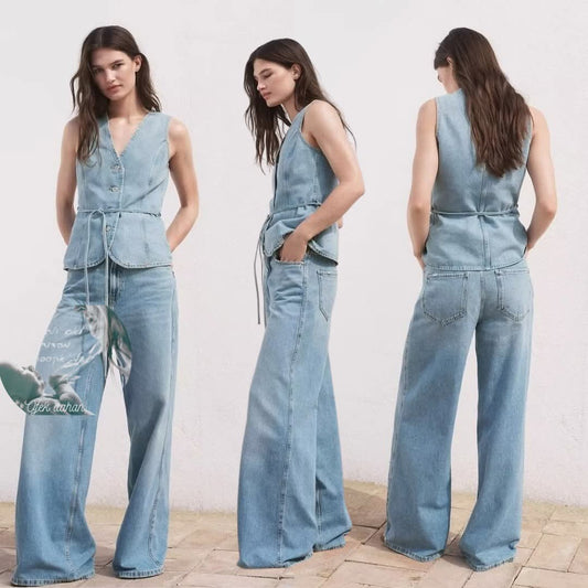 חליפת ג'ינס לנשים עם ווסט ללא שרוולים, צווארון V וחגורה