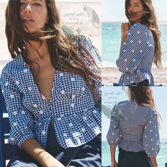 חולצת ZA בוהו שיק משובצת כחול-לבן עם רקמה