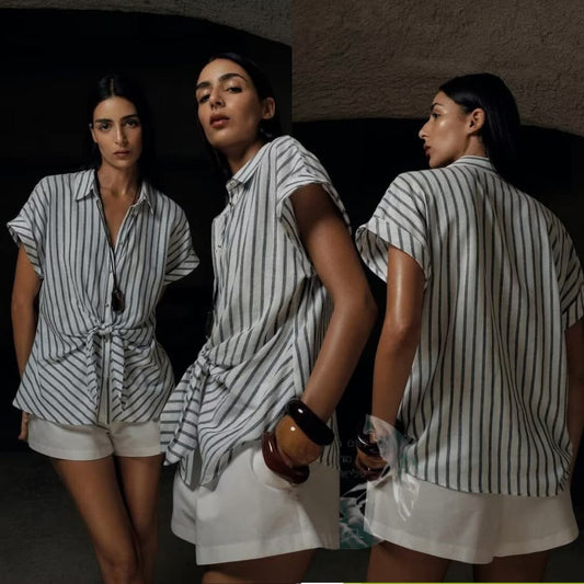 חולצת פסים מכופתרת עם קשירה לנשים מבד פשתן