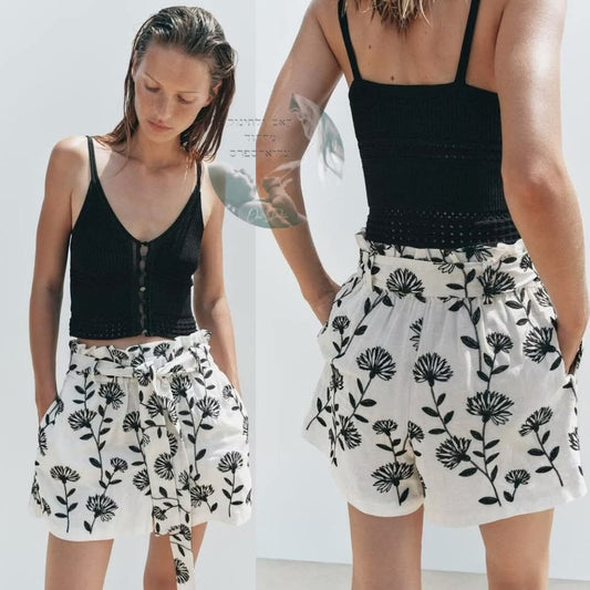 מכנסי פשתן פרחוניים לנשים עם חגורה וסגנון פאפרבג