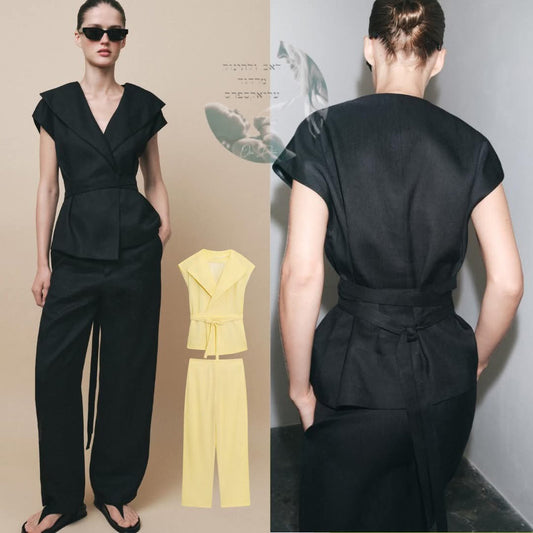 חליפת ווסט ללא שרוולים ומכנסיים מבד פשתן לנשים