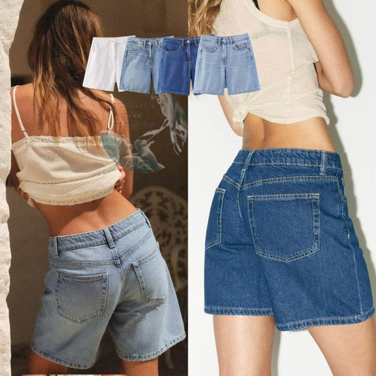 מכנסי ג'ינס קצרים עם כיסים צידיים – Mid Waist