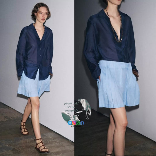 חולצת משי מכופתרת נשית בלו כהה – עיצוב רופף מודרני
