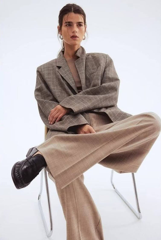 בלייזר משובץ משוחרר לנשים מבד פשתן תערובת, כפתור יחיד – קולקציית ZA