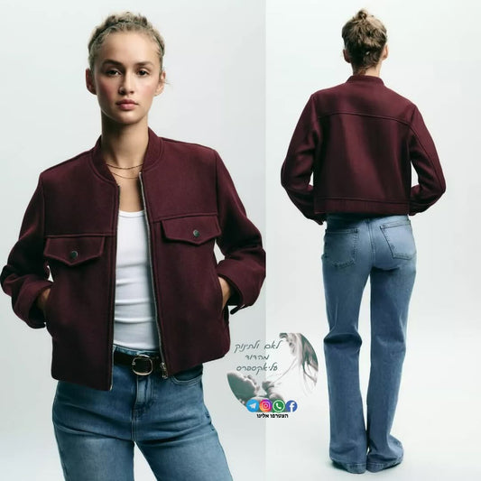 ג׳קט קצר בורדו לנשים – מרקם רך, שרוולים ארוכים, סטייל 2025