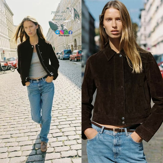 מעיל זיפר זמש קצר לנשים – עור דמוי, טרנדי