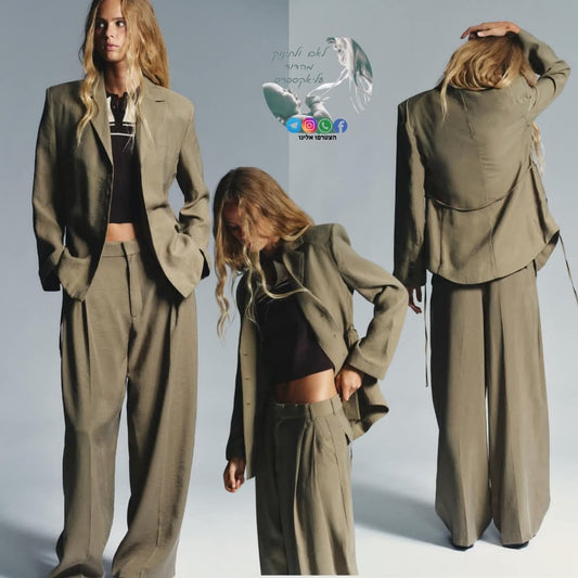 חליפת נשים אוברסייז עם בלייזר כפתורים וחגורה + מכנסיים