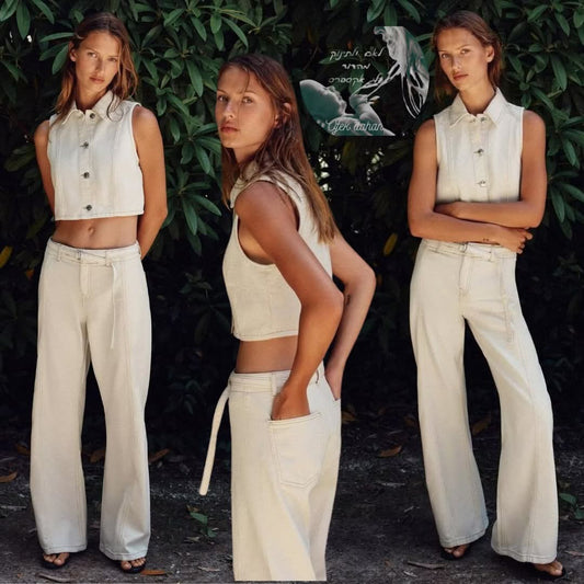 סט ג'ינס לנשים - וסט קצר ומכנסיים