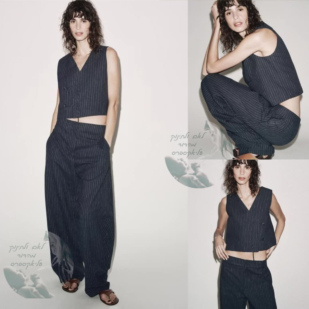 ווסט או מכנס פסים מבד פשתן עם צווארון וי – קולקציית ZA