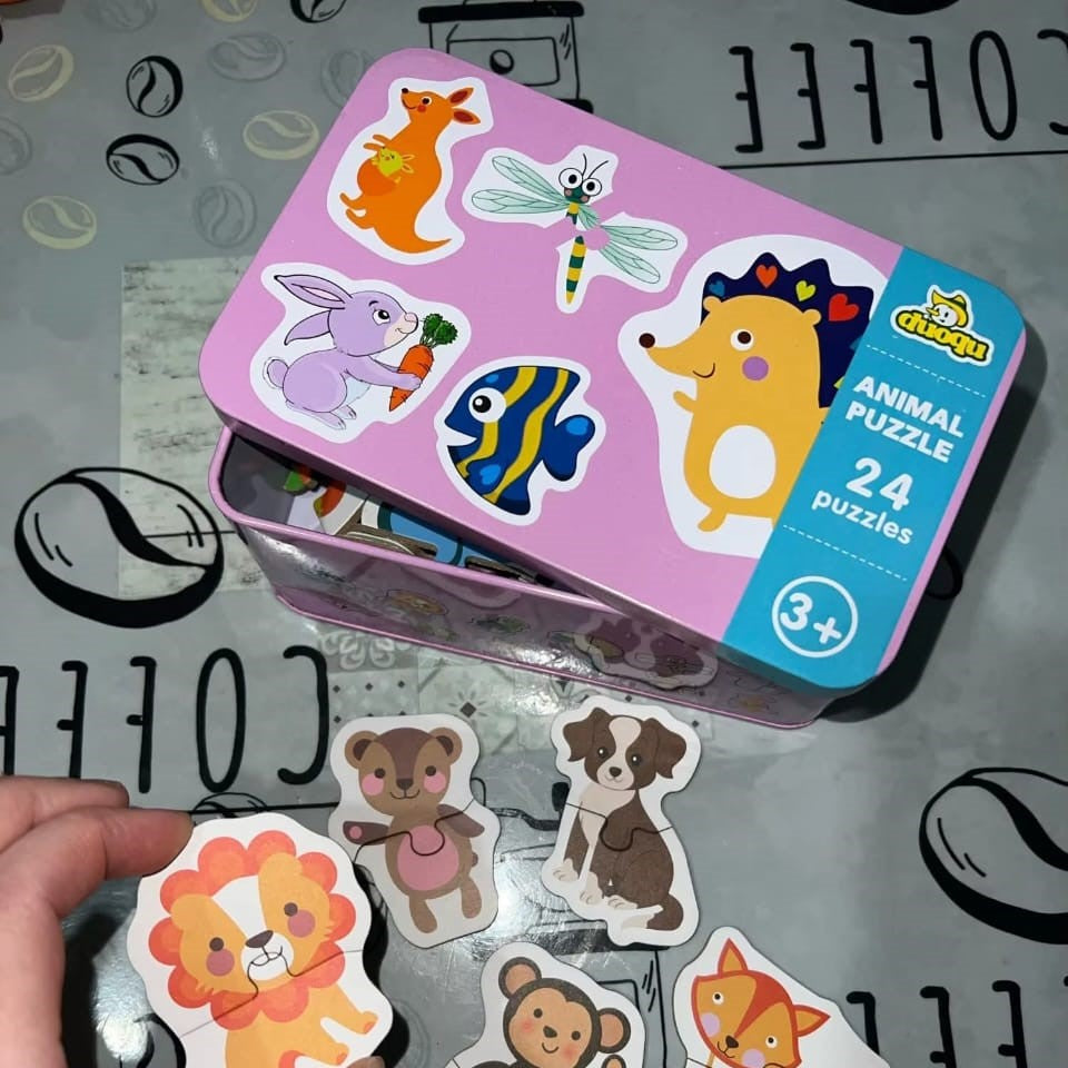 פאזל חינוכי לילדים — כלי תחבורה, חיות ופירות עם קופסת פח