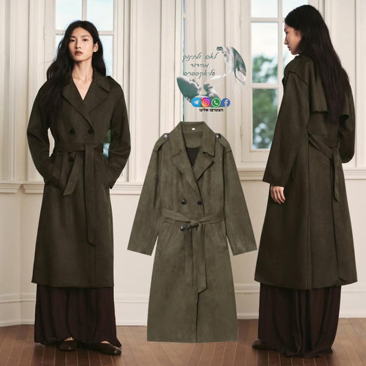 מעיל רוח דמוי זמש ארוך עם חגורה לנשים